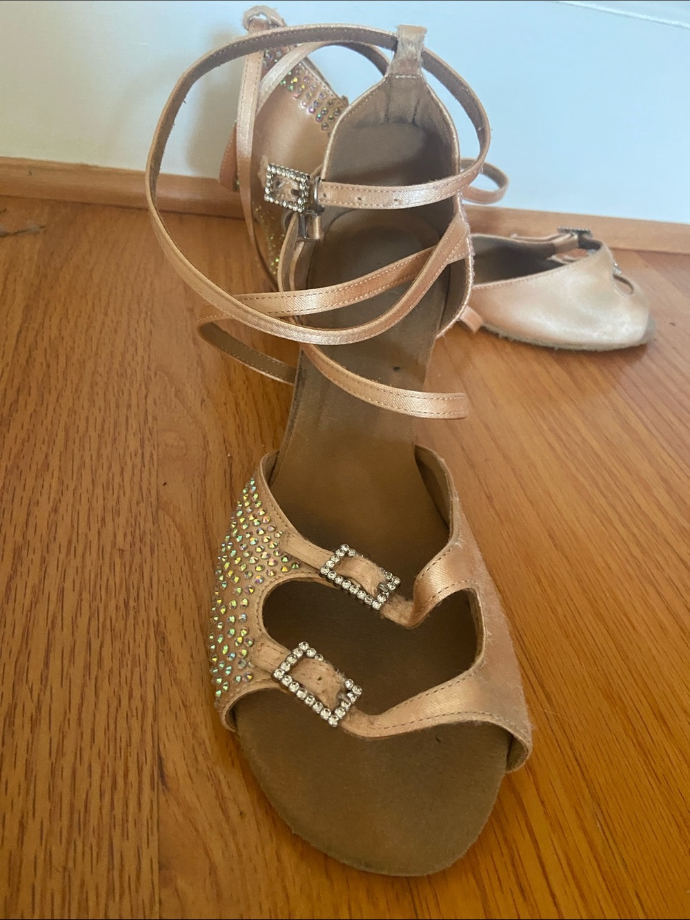 Women's Rose Gold Strappy Heels with Rhinestone Buckles